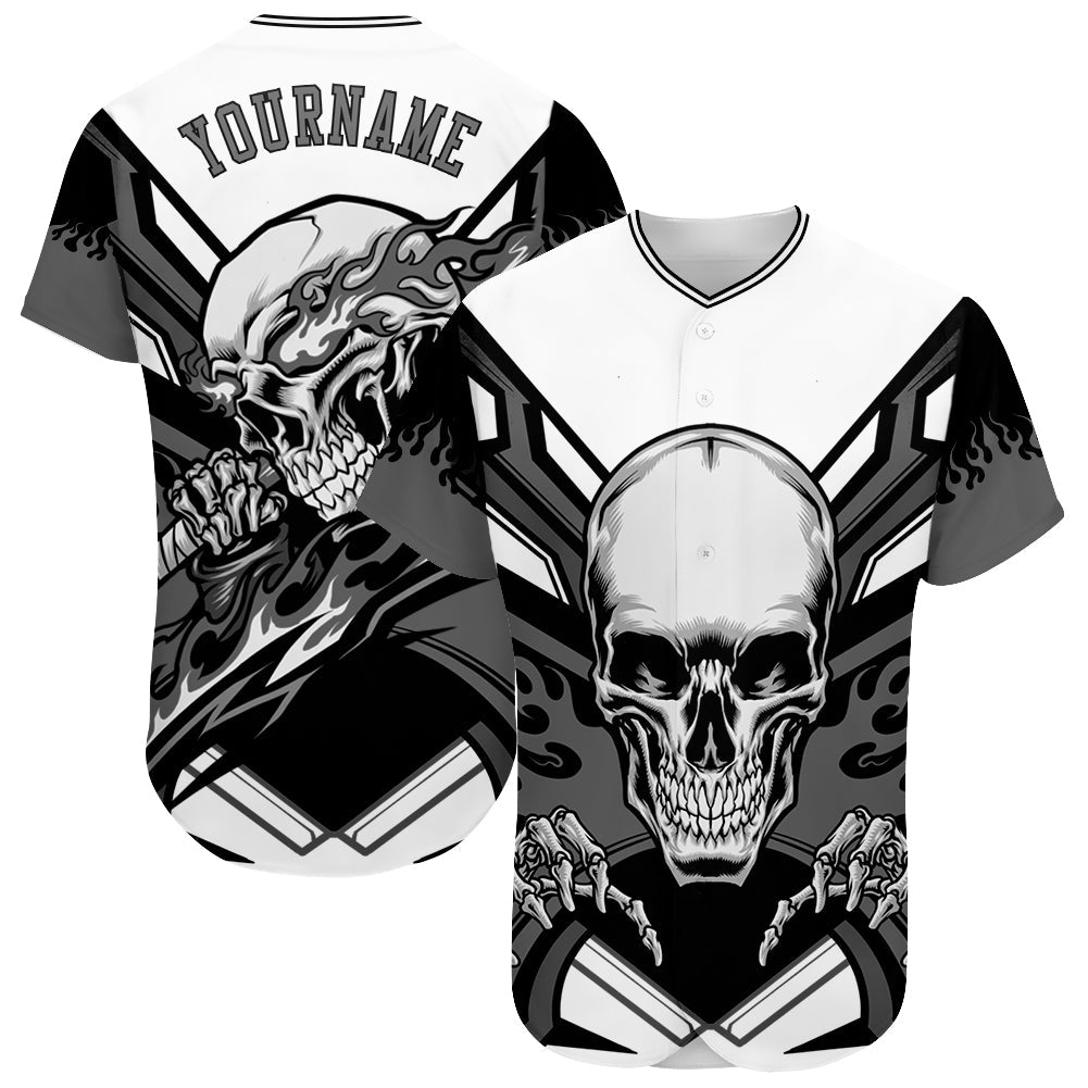 Custom White Gray-Black 3D Skull Authentic Baseball Jersey - Sky-Custom