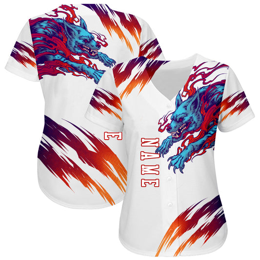Custom White White-Red 3D Wolf Authentic Baseball Jersey - Sky-Custom