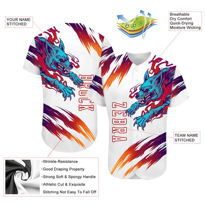 Custom White White-Red 3D Wolf Authentic Baseball Jersey - Sky-Custom