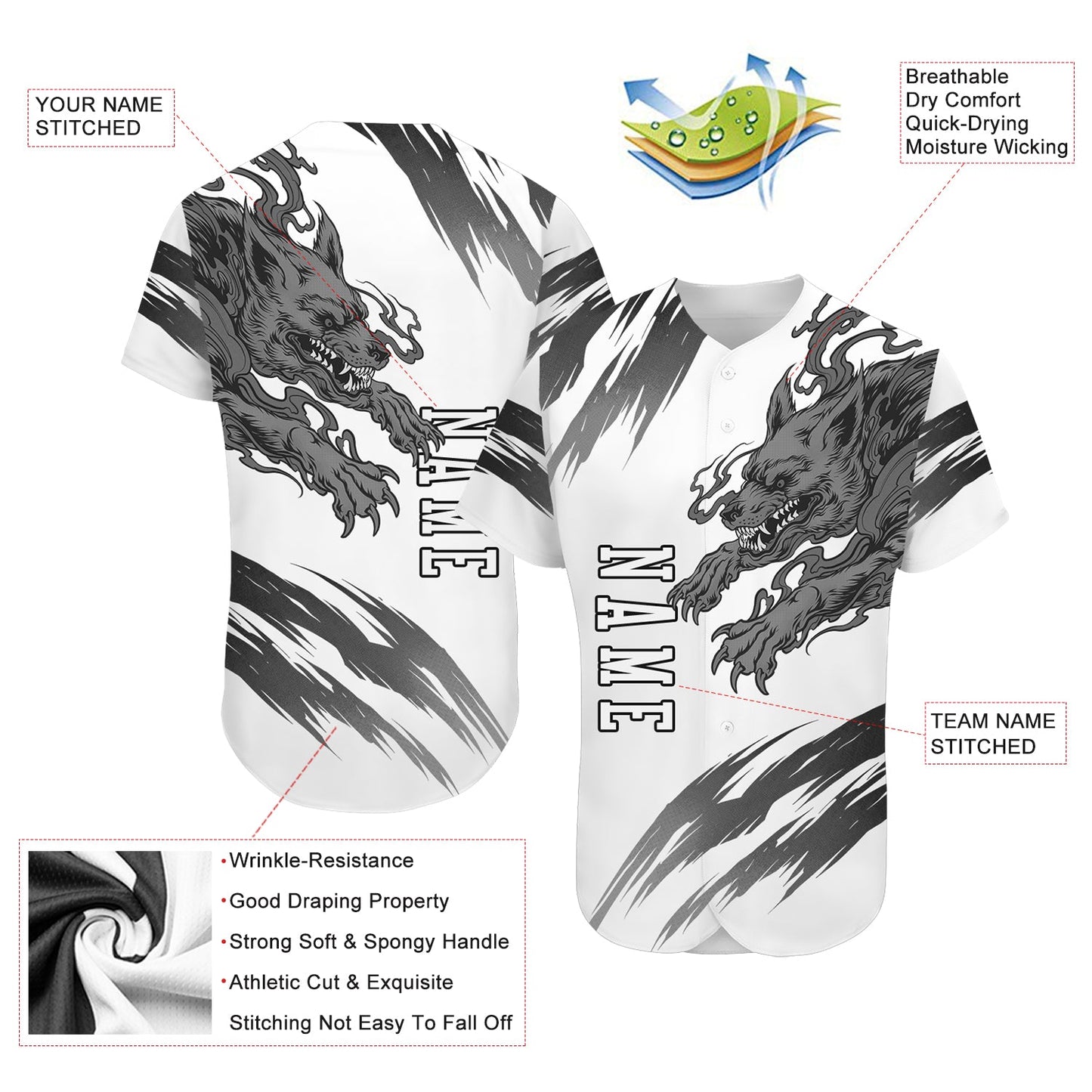 Custom White White-Black 3D Wolf Authentic Baseball Jersey - Sky-Custom