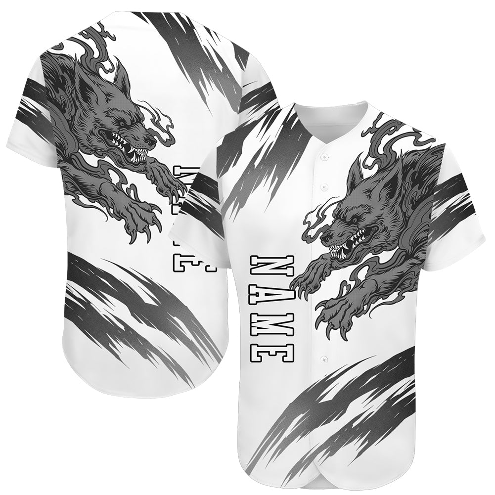 Custom White White-Black 3D Wolf Authentic Baseball Jersey - Sky-Custom