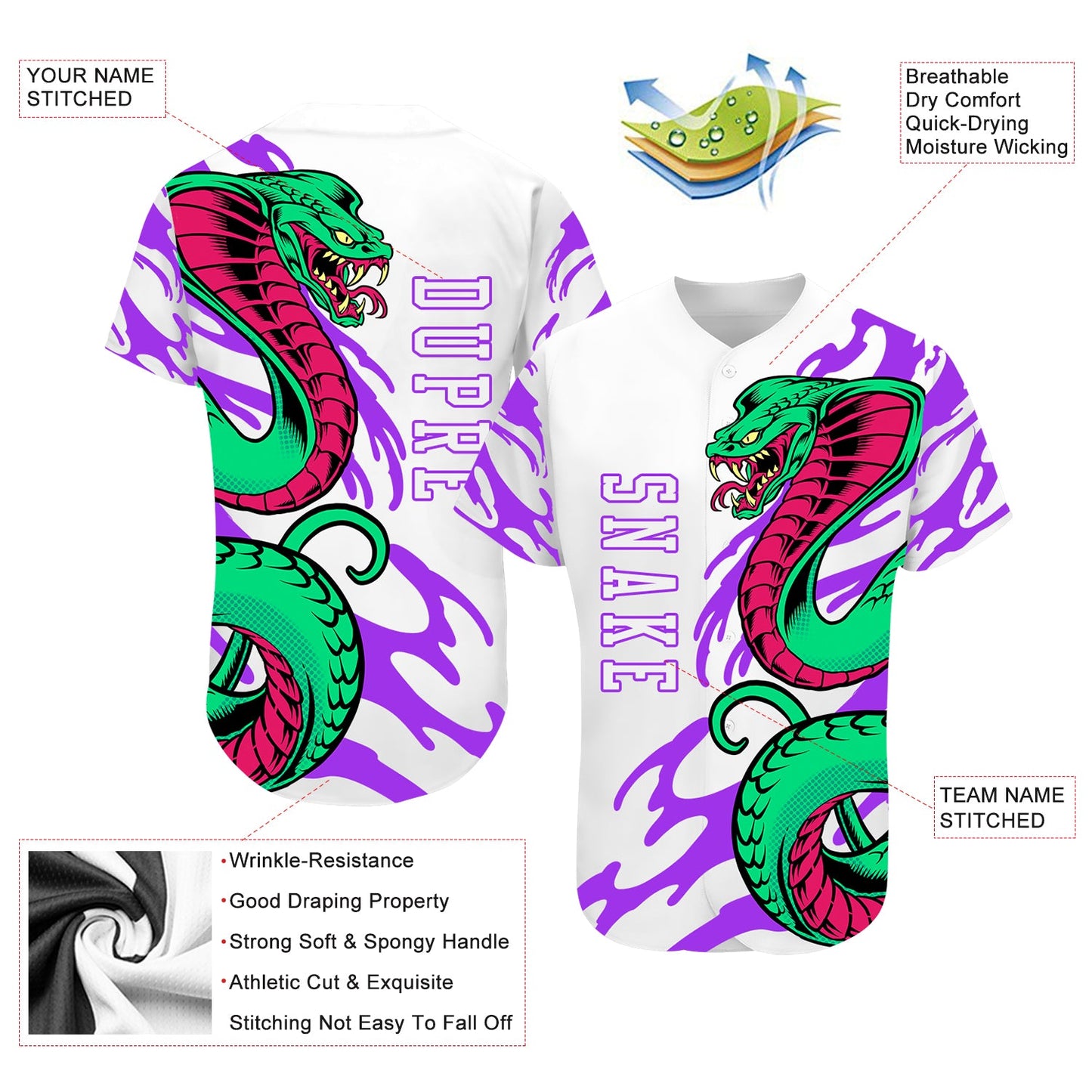 Custom White White-Purple 3D Snake Authentic Baseball Jersey - Sky-Custom