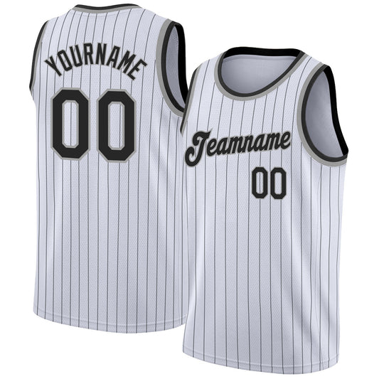 Custom White Black Pinstripe Black-Gray Authentic Basketball Jersey - Sky-Custom