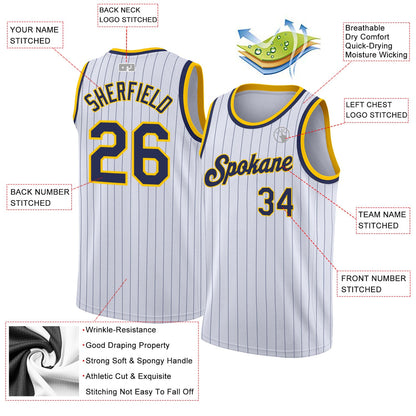 Custom White Navy Pinstripe Navy-Gold Authentic Basketball Jersey - Sky-Custom