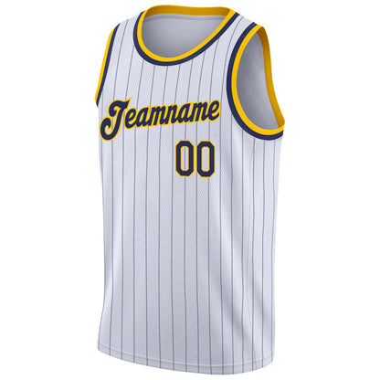 Custom White Navy Pinstripe Navy-Gold Authentic Basketball Jersey - Sky-Custom