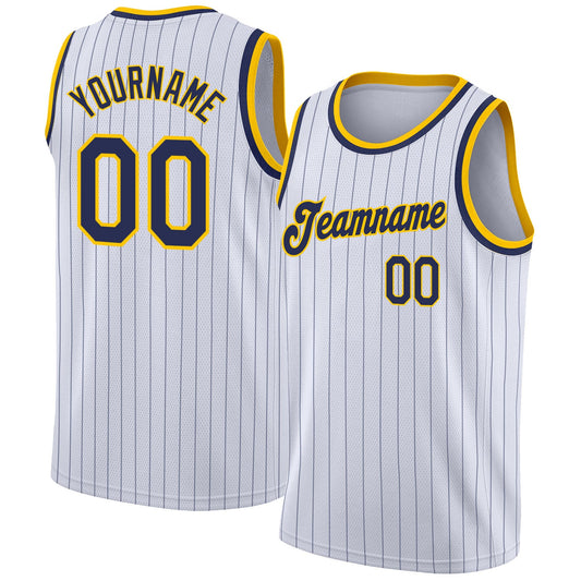 Custom White Navy Pinstripe Navy-Gold Authentic Basketball Jersey - Sky-Custom