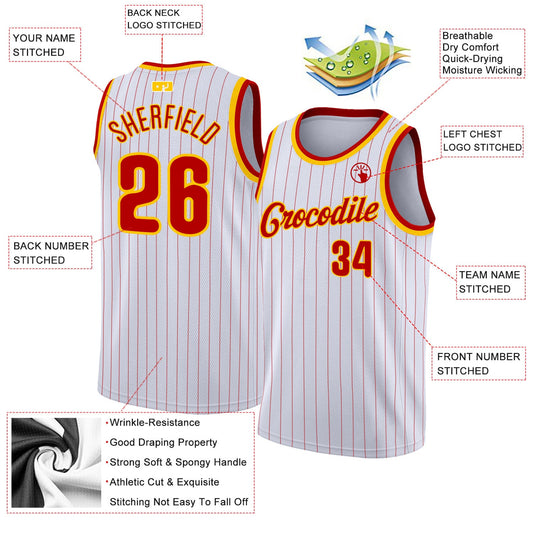 Custom White Red Pinstripe Red-Gold Authentic Basketball Jersey - Sky-Custom