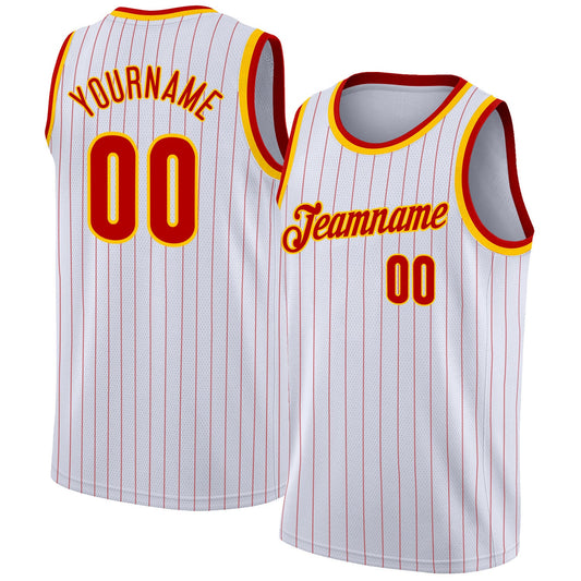 Custom White Red Pinstripe Red-Gold Authentic Basketball Jersey - Sky-Custom