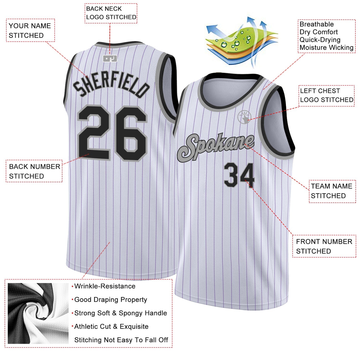 Custom White Purple Pinstripe Black-Gray Authentic Basketball Jersey - Sky-Custom
