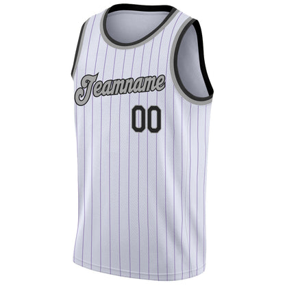 Custom White Purple Pinstripe Black-Gray Authentic Basketball Jersey - Sky-Custom
