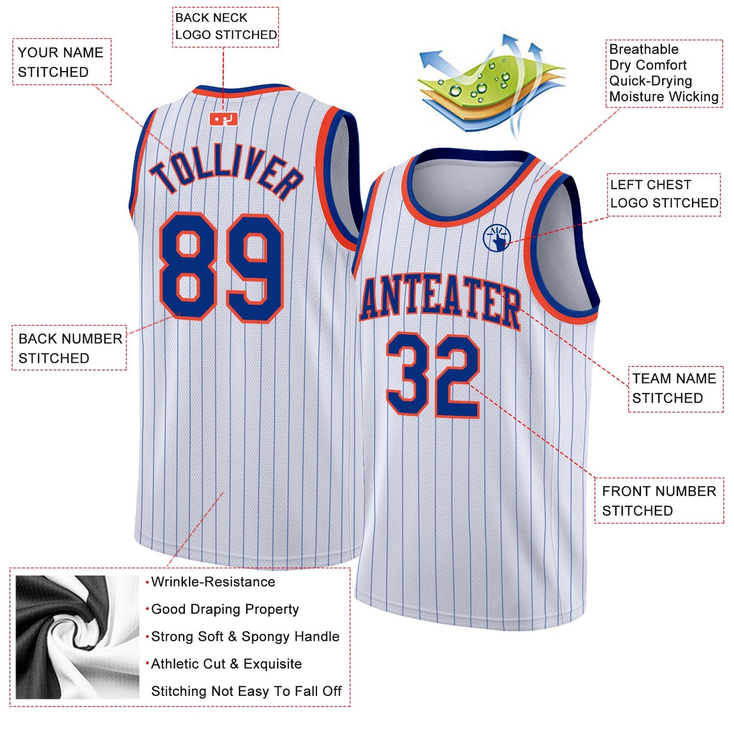 Custom White Royal Pinstripe Royal-Orange Authentic Basketball Jersey - Sky-Custom