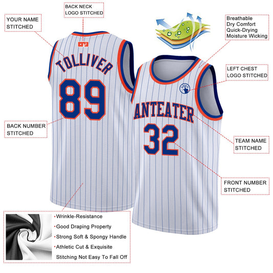 Custom White Royal Pinstripe Royal-Orange Authentic Basketball Jersey - Sky-Custom