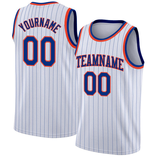 Custom White Royal Pinstripe Royal-Orange Authentic Basketball Jersey - Sky-Custom