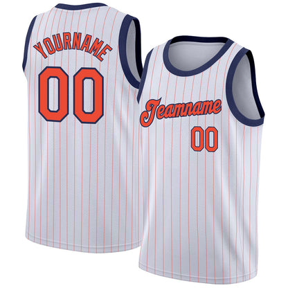 Custom White Orange Pinstripe Orange-Navy Authentic Basketball Jersey - Sky-Custom