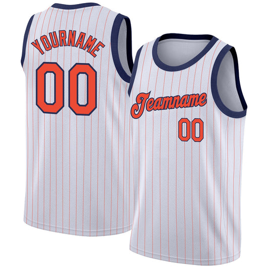 Custom White Orange Pinstripe Orange-Navy Authentic Basketball Jersey - Sky-Custom