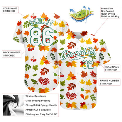 Custom White White-Kelly Green 3D Pattern Design Autumn Leaves Authentic Baseball Jersey - Sky-Custom