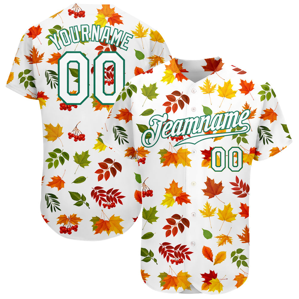 Custom White White-Kelly Green 3D Pattern Design Autumn Leaves Authentic Baseball Jersey - Sky-Custom