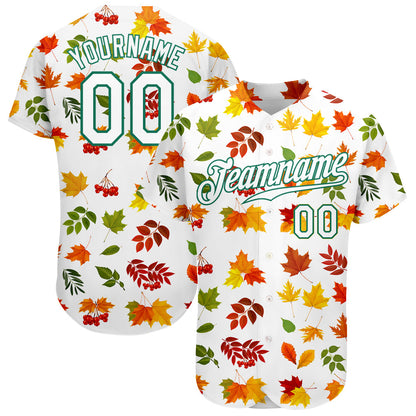 Custom White White-Kelly Green 3D Pattern Design Autumn Leaves Authentic Baseball Jersey - Sky-Custom