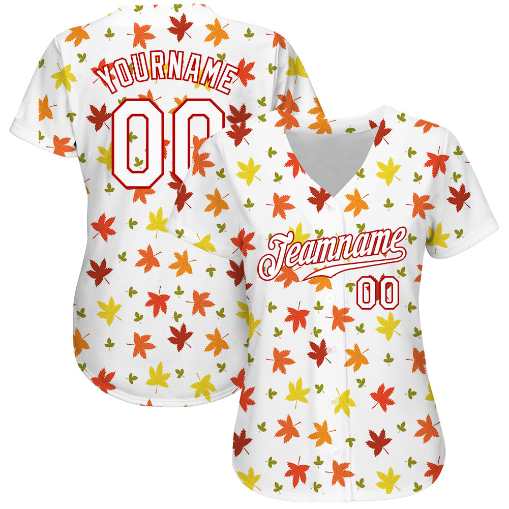 Custom White White-Red 3D Pattern Design Autumn Leaves Authentic Baseball Jersey - Sky-Custom