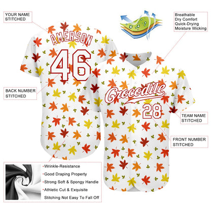 Custom White White-Red 3D Pattern Design Autumn Leaves Authentic Baseball Jersey - Sky-Custom