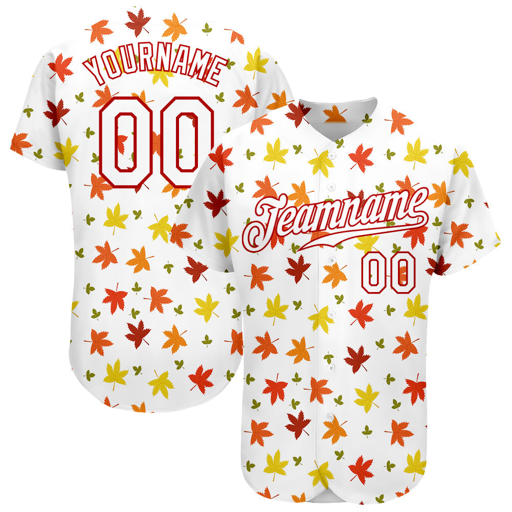 Custom White White-Red 3D Pattern Design Autumn Leaves Authentic Baseball Jersey - Sky-Custom