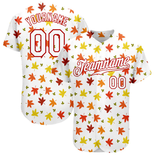 Custom White White-Red 3D Pattern Design Autumn Leaves Authentic Baseball Jersey - Sky-Custom