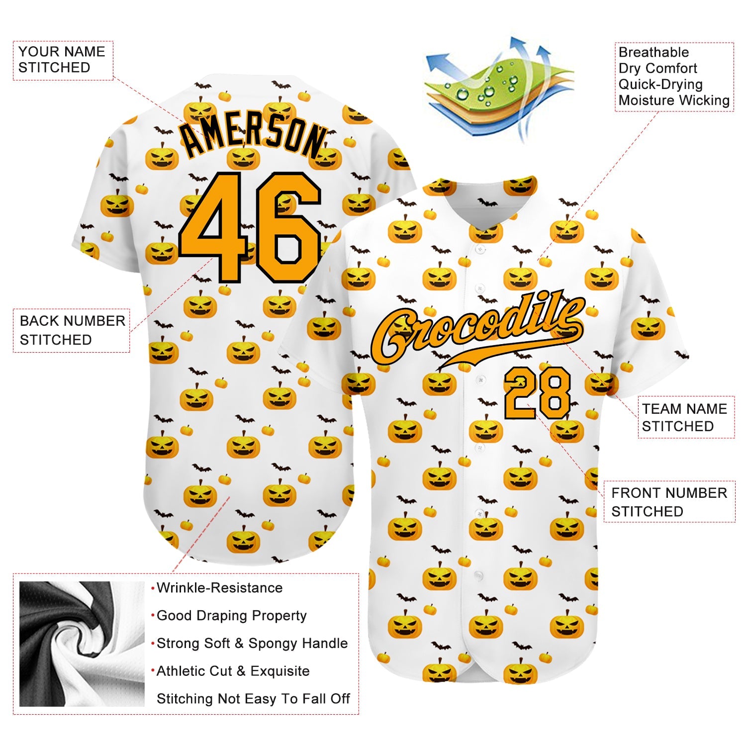Custom White Gold-Black 3D Pattern Design Halloween Pattern With Pumpkins Authentic Baseball Jersey - Sky-Custom