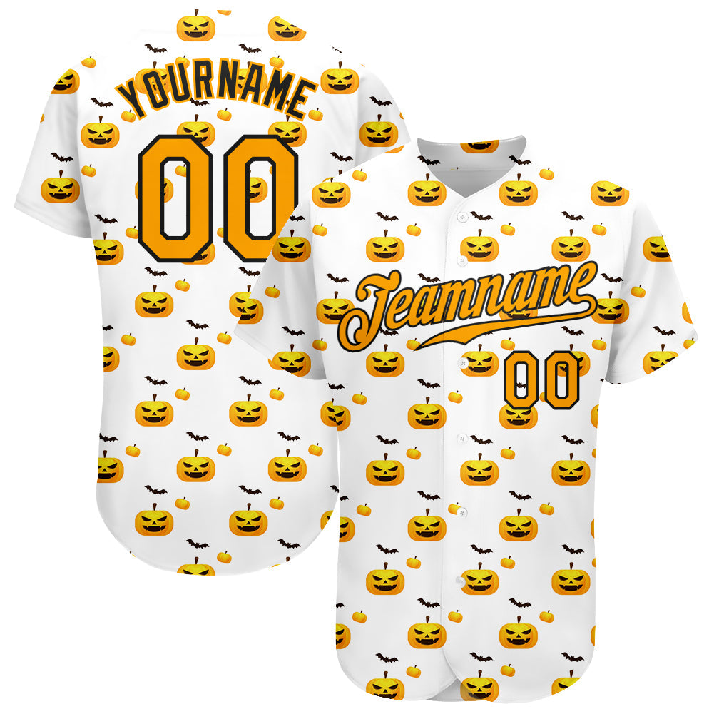 Custom White Gold-Black 3D Pattern Design Halloween Pattern With Pumpkins Authentic Baseball Jersey - Sky-Custom
