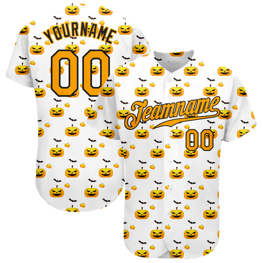 Custom White Gold-Black 3D Pattern Design Halloween Pattern With Pumpkins Authentic Baseball Jersey - Sky-Custom