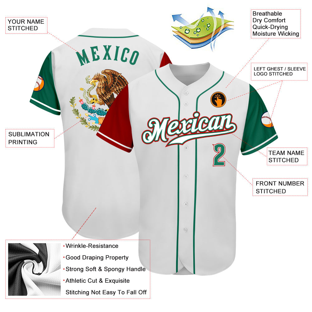 Custom White Kelly Green-Red Authentic Mexico Two Tone Baseball Jersey - Sky-Custom