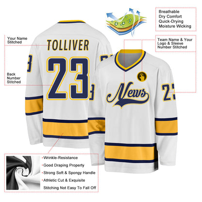 Custom White Navy-Gold Hockey Jersey - Sky-Custom