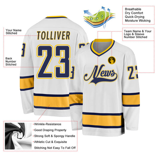 Custom White Navy-Gold Hockey Jersey - Sky-Custom
