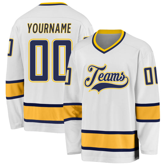 Custom White Navy-Gold Hockey Jersey - Sky-Custom