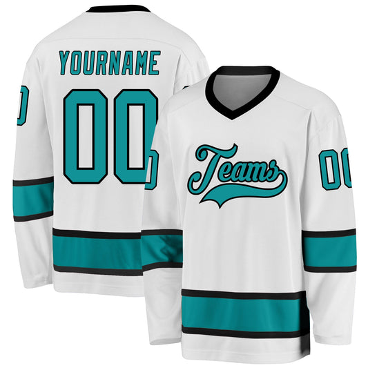 Custom White Aqua-Black Hockey Jersey - Sky-Custom