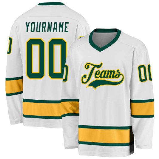 Custom White Green-Gold Hockey Jersey - Sky-Custom
