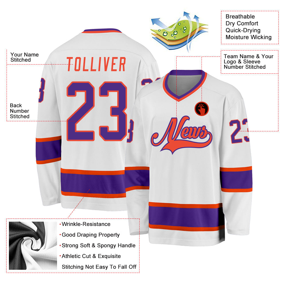 Custom White Purple-Orange Hockey Jersey - Sky-Custom