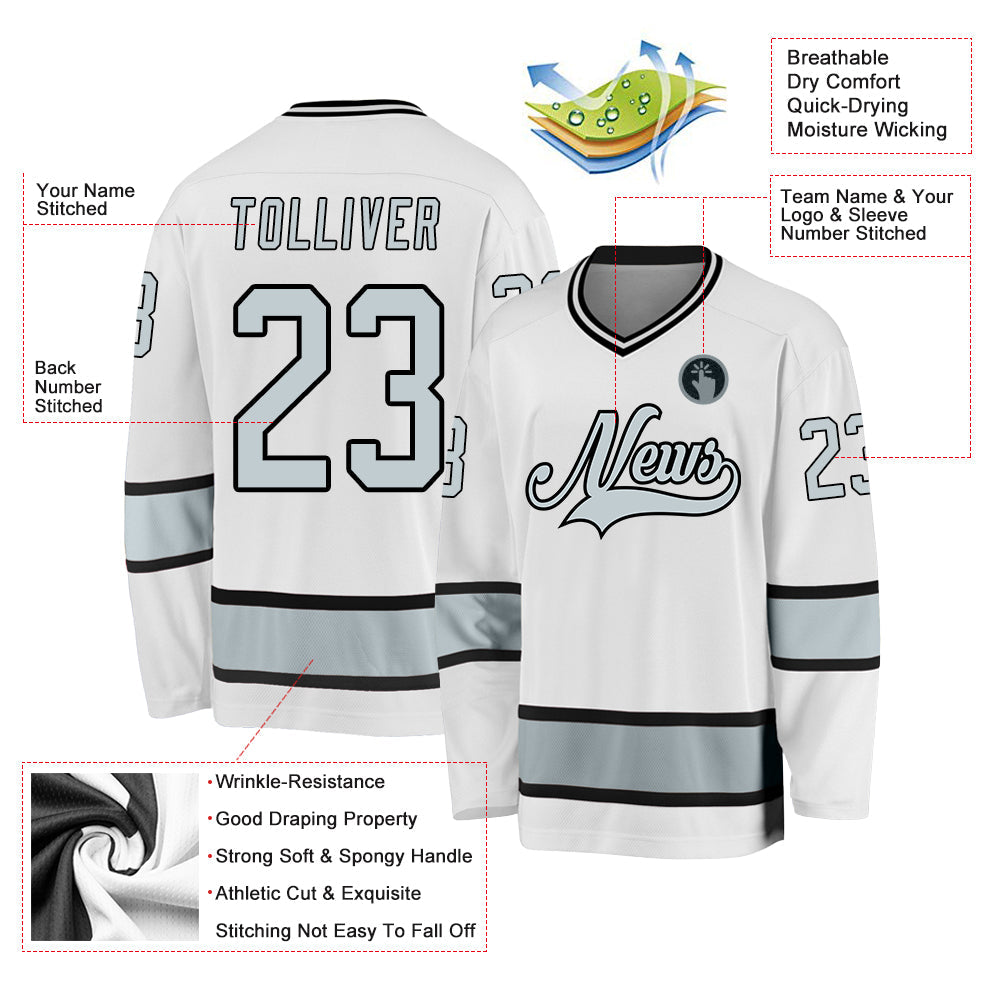 Custom White Silver-Black Hockey Jersey - Sky-Custom