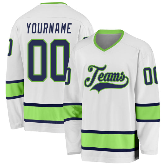 Custom White Navy-Neon Green Hockey Jersey - Sky-Custom