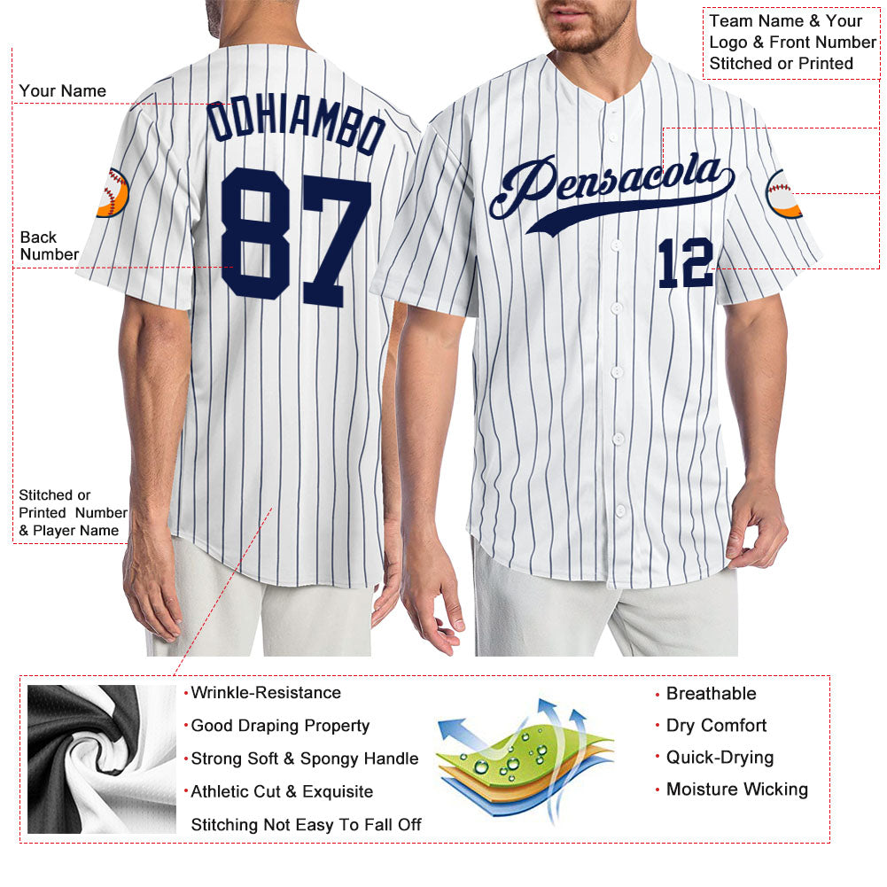 Custom White Navy Pinstripe Navy Authentic Baseball Jersey - Sky-Custom