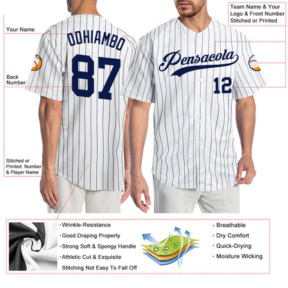 Custom White Navy Pinstripe Navy Authentic Baseball Jersey - Sky-Custom
