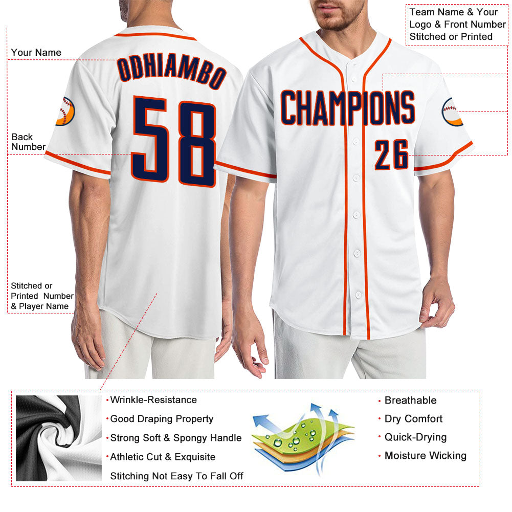 Custom White Navy-Orange Authentic Baseball Jersey - Sky-Custom