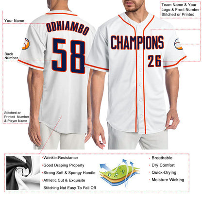 Custom White Navy-Orange Authentic Baseball Jersey - Sky-Custom