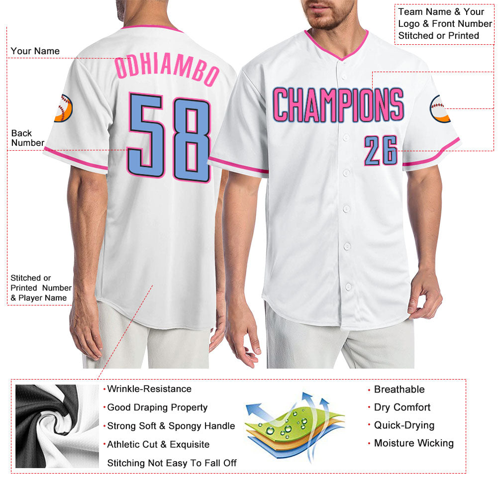 Custom White Light Blue-Pink Authentic Baseball Jersey - Sky-Custom