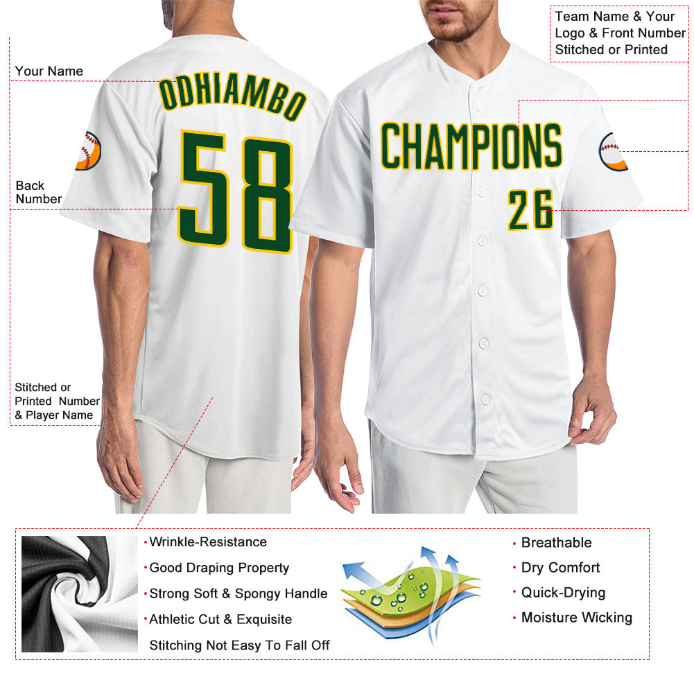 Custom White Green-Gold Authentic Baseball Jersey - Sky-Custom