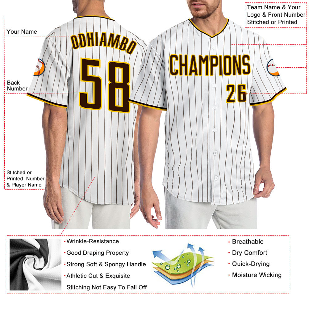 Custom White Brown Pinstripe Brown-Gold Authentic Baseball Jersey - Sky-Custom