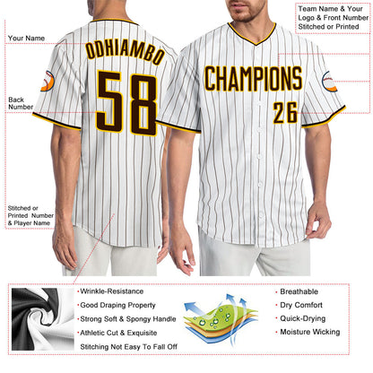 Custom White Brown Pinstripe Brown-Gold Authentic Baseball Jersey - Sky-Custom