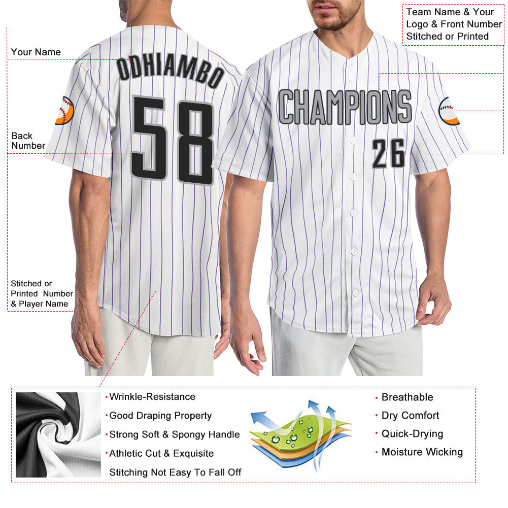 Custom White Purple Pinstripe Black-Gray Authentic Baseball Jersey - Sky-Custom