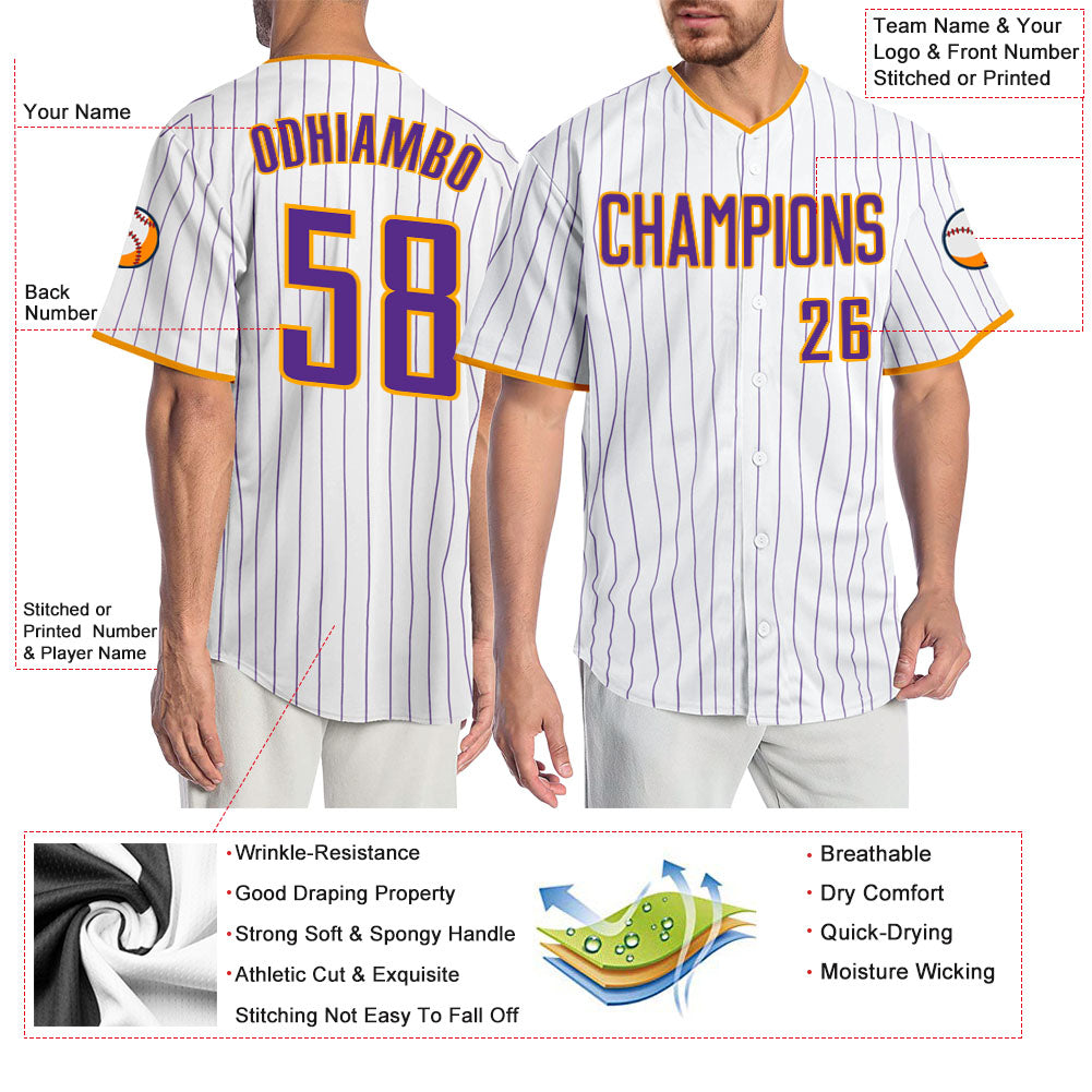 Custom White Purple Pinstripe Purple-Gold Authentic Baseball Jersey - Sky-Custom