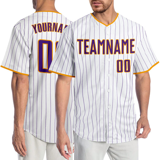 Custom White Purple Pinstripe Purple-Gold Authentic Baseball Jersey - Sky-Custom