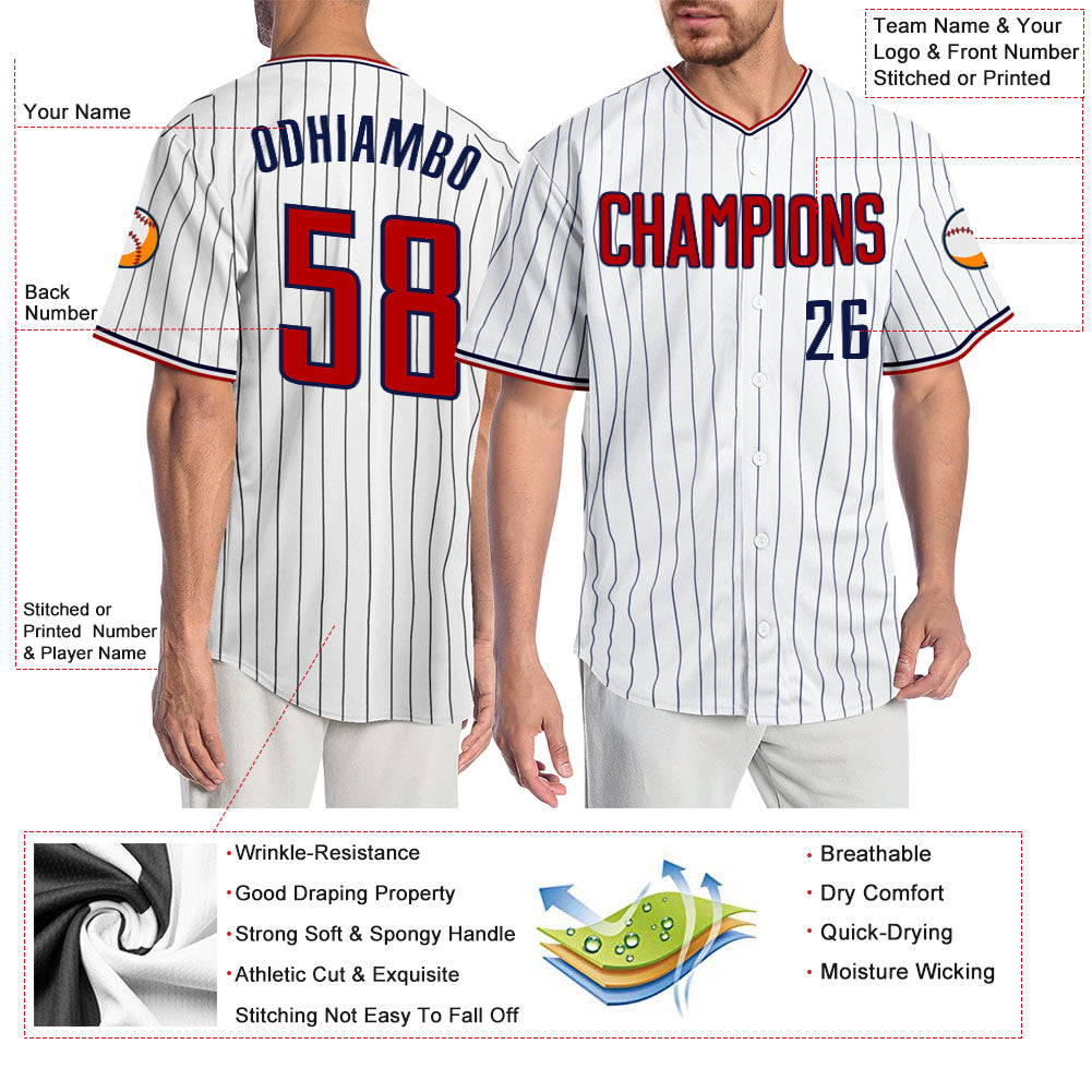 Custom White Navy Pinstripe Red-Navy Authentic Baseball Jersey - Sky-Custom